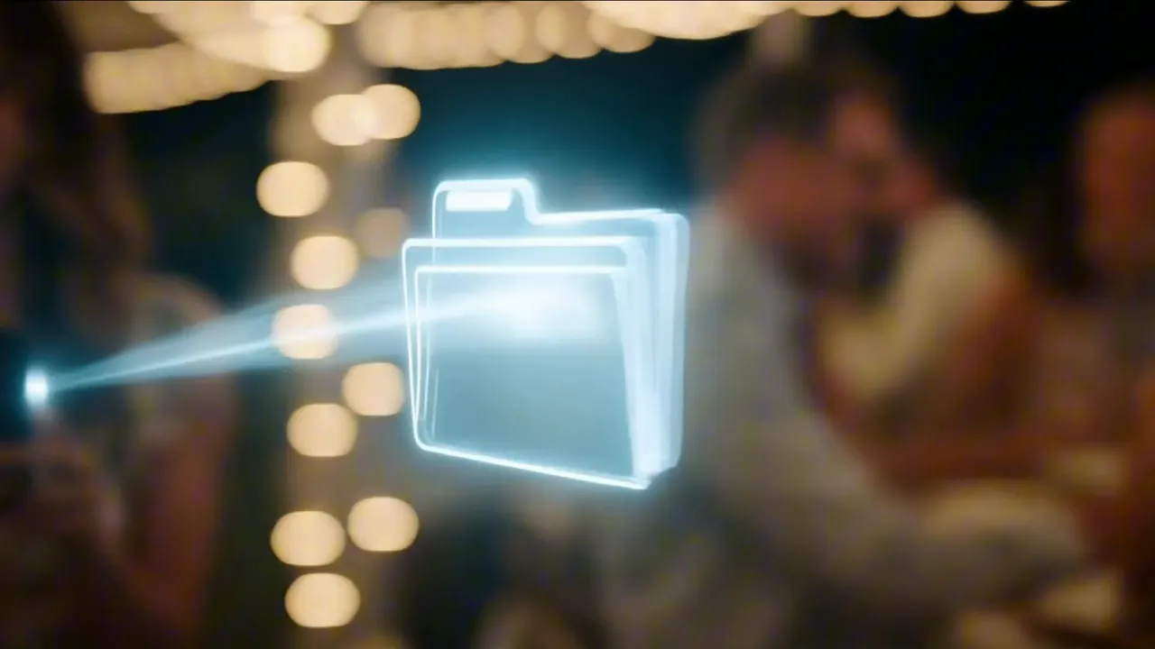 A glowing folder drawn over a wedding reception: one folder of clips for each person