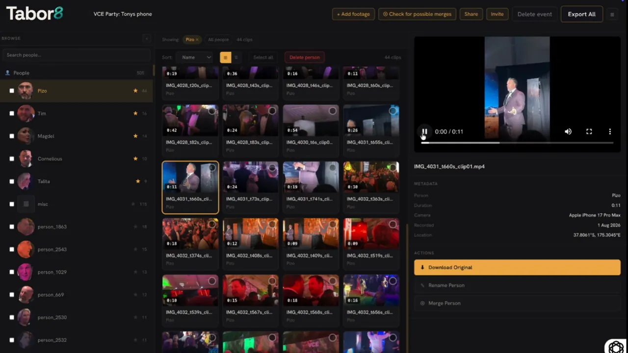 The Tabor8 project screen: a list of people, a grid of video clips sorted by face, and a player